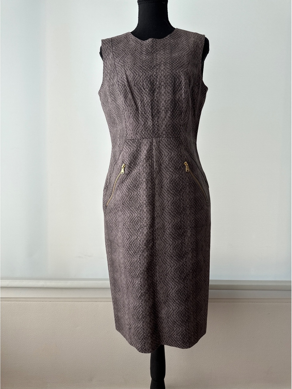 Donna Karan New York Snakeskin Print Sheath Dress Gold Zip Pockets